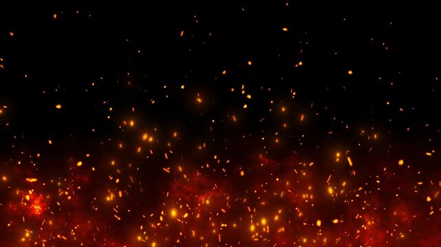 Abstract Fire Particles and Burning Embers with Glowing Sparkles, Flying Ash Flakes and Bonfire Flames &ndash; Cinematic 4K Overlay Animation for Motion Graphics and Stock Footage