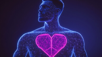 Digital human silhouette with glowing heart highlighted in pink against dark background