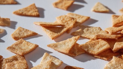 Crispy baked pita chips scattering, snack concept on a clean white backdrop