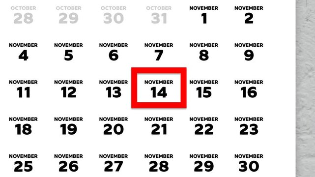 The date November 14th marked with a red cursor on the wall calendar 2025