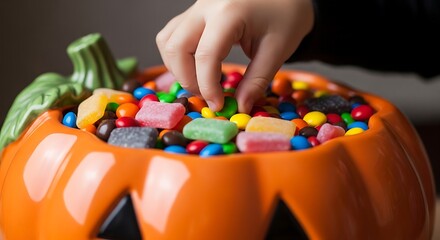 Child's hand reaching for Halloween candy in pumpkin