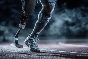 A Disabled Athlete Runs on a Track at Night