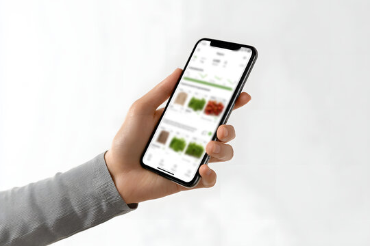 Hand holding smartphone displaying fresh produce online checkout Generative AI