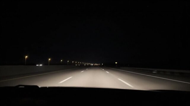 Car driving on highway at night with minimal street lighting, front-facing camera view
