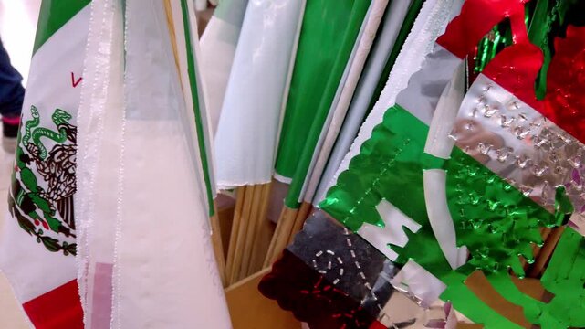 Close up of Mexican flag decoration with Viva Mexico text, colorful patriotic cotillon for national celebration.
