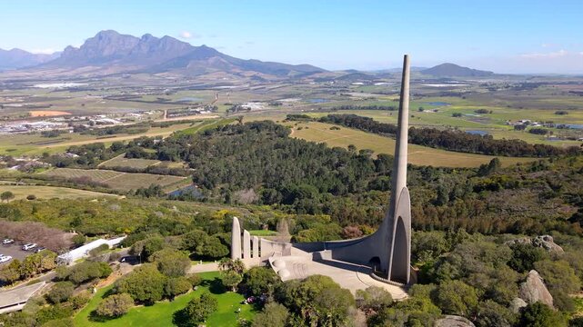 Aerial arc view of historic Afrikaans Taalmonument atop Paarl Mountain