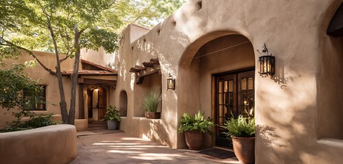 Obraz premium Sun-kissed adobe-style office nook with minimal decor and arch lighting