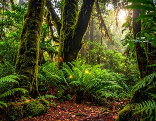Naklejka premium Enchanting primeval forest bathed in ethereal light, with ancient moss-covered trees and vibrant ferns creating a magical, tranquil natural landscape