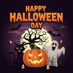 Happy halloween day with pumpkin black cat ghost and bats