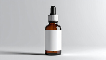 Amber glass dropper bottle with blank white label, studio shot.