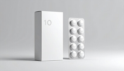 A white box next to a blister pack containing ten pills, on a light gray background.