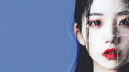 Portrait of a person with geometric face overlay against a blue background