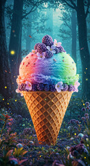 colorful ice cream on a forest background .Generative AI