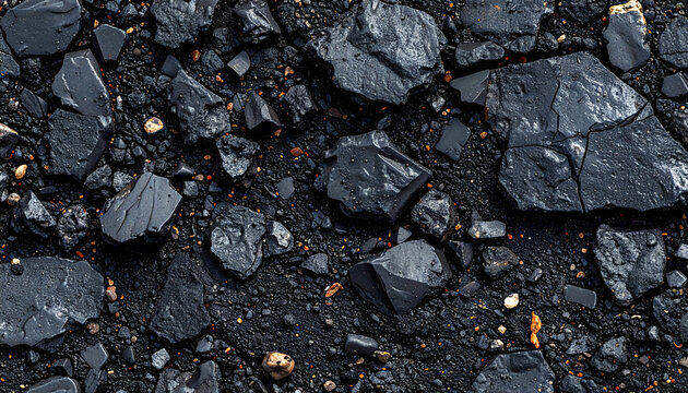 Close-up of a pile of dark, shiny coal rocks and smaller granular pieces.