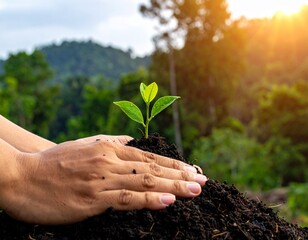 Fototapeta premium Caring hands plant a vibrant green seedling into fertile soil, symbolizing new life, environmental stewardship, and the promise of a sustainable future amidst a sunlit natural backdrop