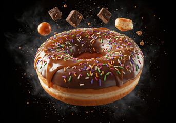 delicious donut and crumbs flying in the air .Generative AI