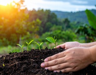 Hands Nurturing Growing Seedlings in Fertile Soil Under Warm Sunlight, Nature's Embrace