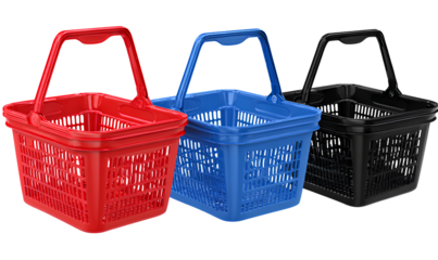 3 plastic shopping baskets, in red, blue, and black colors, isolated on a transparent background..png