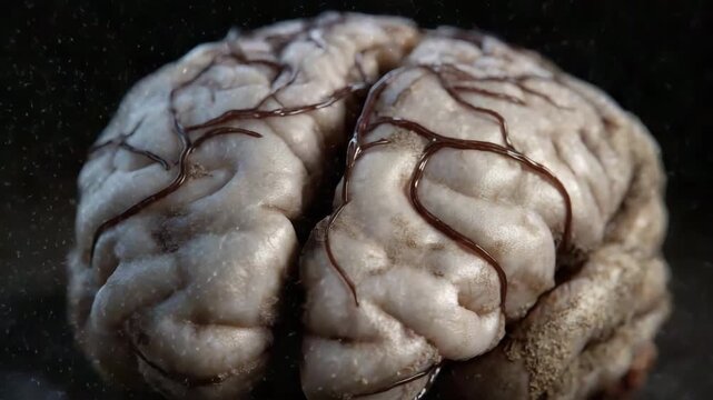 A brain with red veins and a white color. The veins are visible on the surface of the brain. Closeup of zombie brain with decayed veins and rotting grey matter, rotten cinematic horror realistic