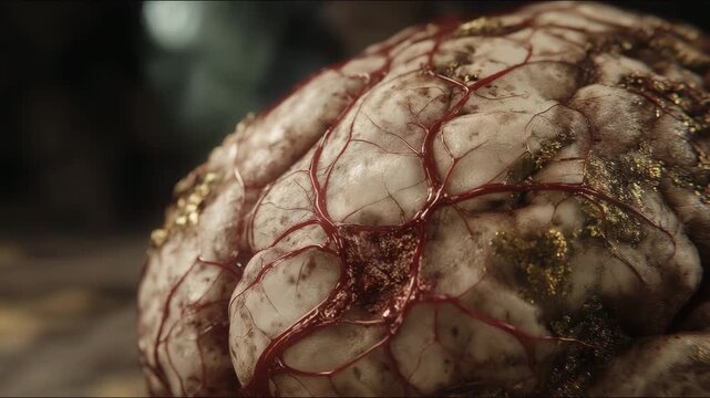 A close up of a brain with red veins and a brownish color. The veins are prominent. Closeup of zombie brain with decayed veins and rotting grey matter, rotten cinematic horror realistic