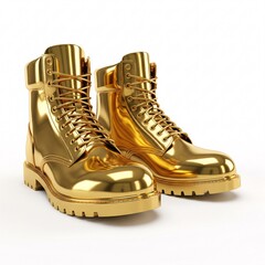 A pair of golden boots with thick soles and laces, isolated on a white
