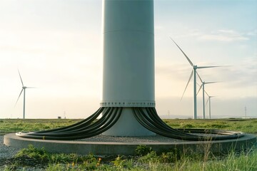 Wind turbine base with electric cables. Clean energy grid