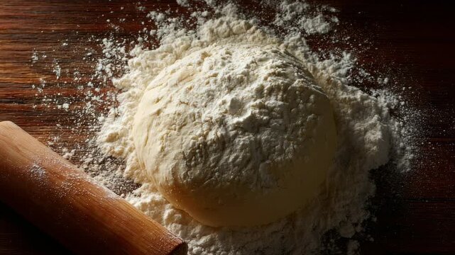 Preparing dough for baking with a rolling pin and flour on a wooden surface