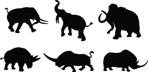 Stylized animal silhouette, abstract elephant, creative rhinoceros, exaggerated features, black vector, fantasy creature, artistic wildlife, cartoon shape, unique design