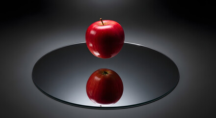 Conceptual still life of a perfect red apple magically levitating above its reflection on a circular mirror against a dark background