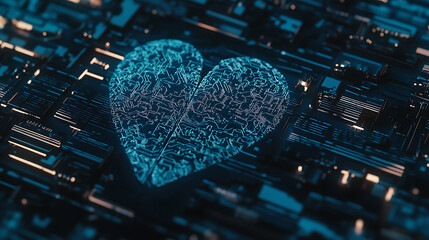 Digital heart circuitry on a futuristic electronic board