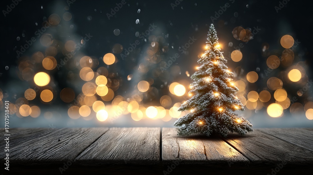 Poster empty wooden table with dreamy christmas bokeh background featuring large soft glowing light orbs fe
