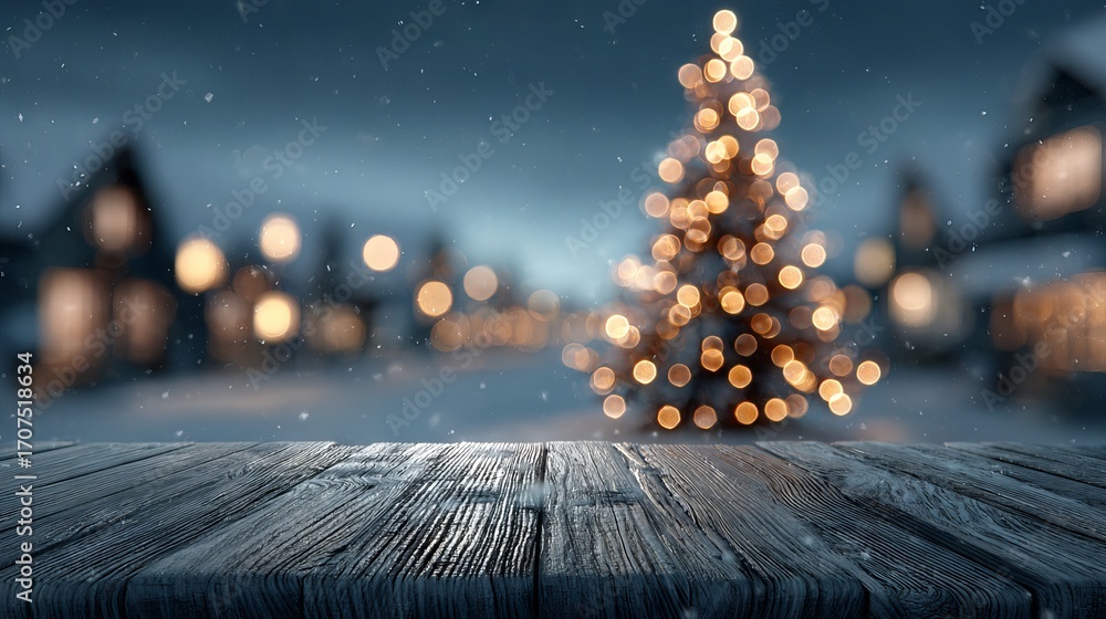 Poster empty wooden table with dreamy christmas bokeh background featuring large soft glowing light orbs fe