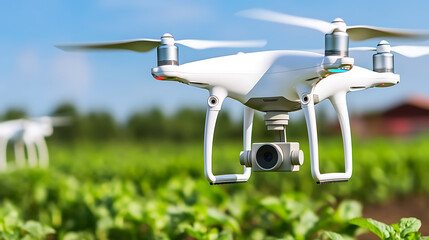 White drone with camera flying over green crops in a field under clear sky