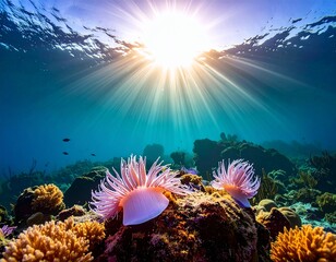Naklejka premium Vibrant underwater coral reef teeming with marine life, illuminated by a brilliant sunburst from the surface