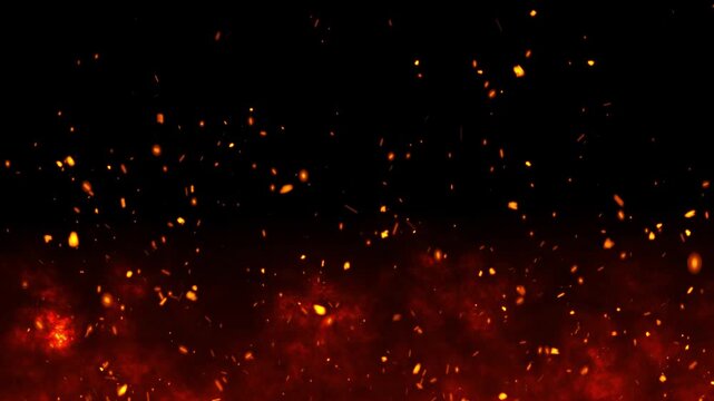 Dynamic Fire Spark Particles on Black Background with Glowing Embers, Bright Ashes and Cinematic Flames &ndash; 4K Overlay Fire Sparkle Animation for Video Editing and Abstract Backgrounds