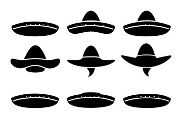 Mexican Hat vector set,set of Sombrero Hats simple black silhouette vector