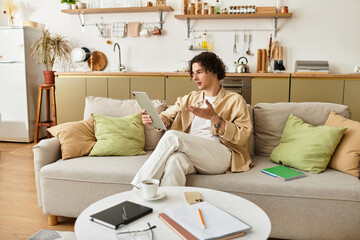 Young professional discusses ideas in modern living space while seated comfortably on sofa