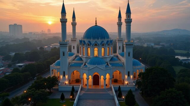 Stunning aerial view of Sultan Iskandar Mosque in Johor Bahru at sunrise, capturing the dawn's golden light and vibrant colors for professional video footage