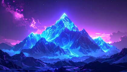 Majestic glowing blue mountain peak under a vibrant purple and pink night sky with clouds.
