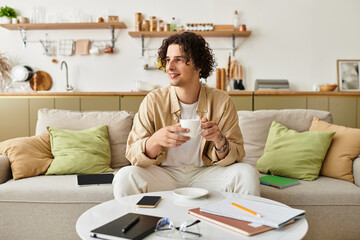 Stylish young man enjoying coffee in a modern living room full of natural light