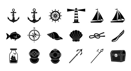 Black and white nautical icons set with anchor, ship wheel, lighthouse, sailboat, fish, compass, shell, knot, and treasure chest.