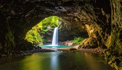 Waterfall cascading into a tranquil pool within a cave