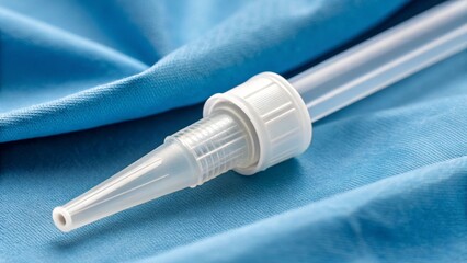 Medical Syringe in Close-Up: A detailed close-up of a sterile syringe, showcasing its precise design against a soft, blue fabric, suggesting a focus on medical care and precision.