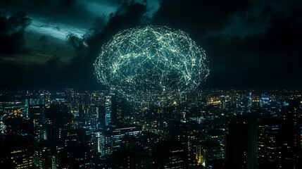 A glowing digital brain hovers over a futuristic city at night, illuminated by interconnected neural networks against a dark sky.