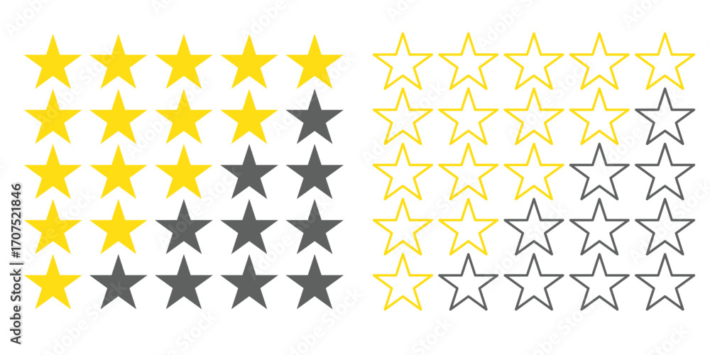 Poster visual representation of a star rating system, using filled and unfilled stars to indicate a score.