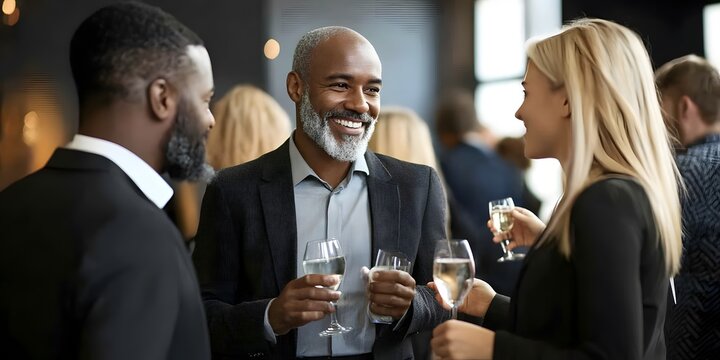 Diverse people mingling at event.