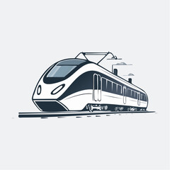 Naklejka premium Modern highspeed train travels along the railway tracks, showcasing sleek transportation technology and efficient travel in a minimalist style.