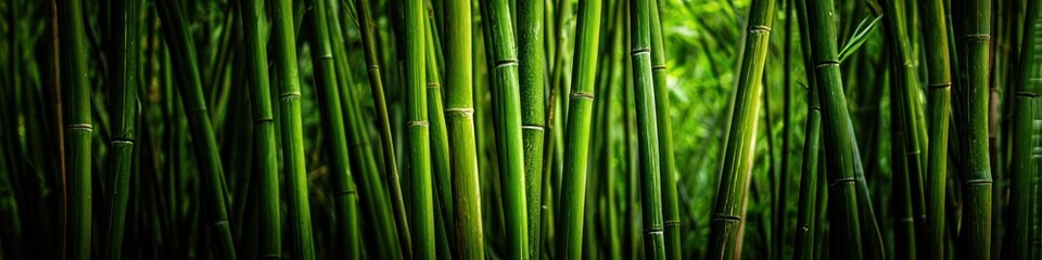 Fototapeta premium Dense growth of verdant bamboo stalks creates a lush, serene scene with blurred background, rich in color and texture