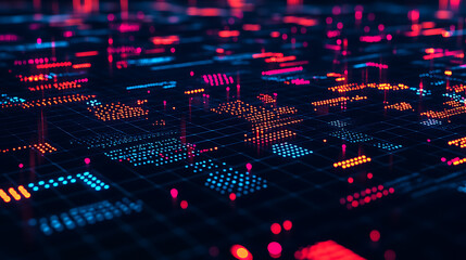 Digital circuitry with glowing data points and binary patterns on a futuristic grid background