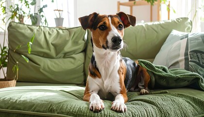 A relaxed brown, black, and white dog reclines on a green sofa, looking to the right with alertness. Natural light streams in
